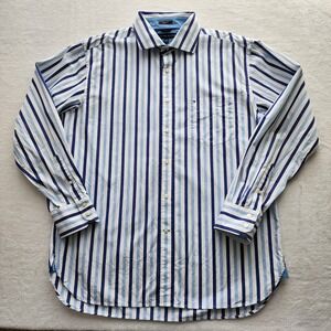 Tommy Hilfiger Button Up Shirt Mens XL Blue White Striped Trim‎ Fit Formal Event
